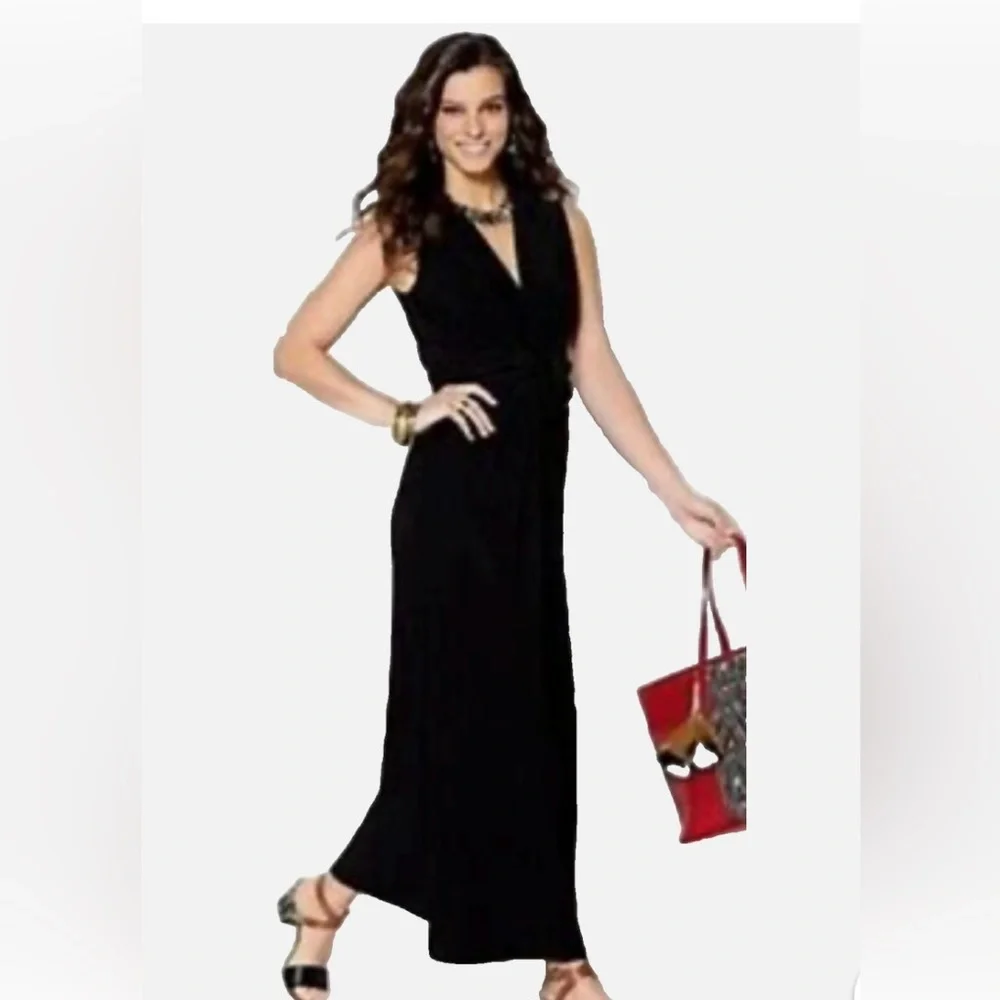 IMAN Global Chic Cinched Shoulder V-Neck Maxi Dress Black Size XL - Picture 2 of 9